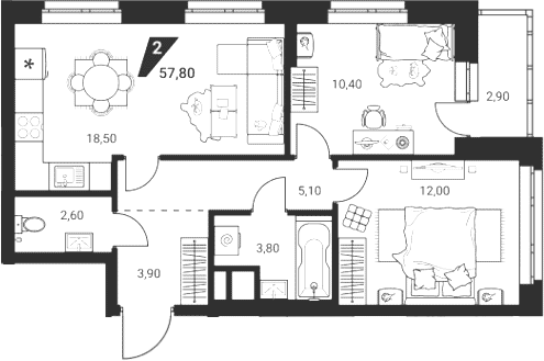 Планировка Планировка 3Е-к.кв 57,8 м² в ЖК Квартал К3 в Екатеринбурге в ЖК Квартал К3