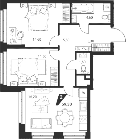 Планировка 3Е-к.кв, 59,3 м² в ЖК Квартал К3