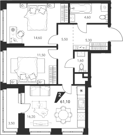 Планировка 3Е-к.кв, 61,1 м² в ЖК Квартал К3