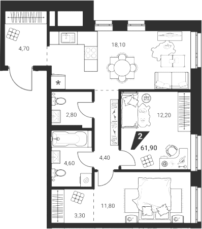 Планировка 3Е-к.кв, 61,9 м² в ЖК Квартал К3