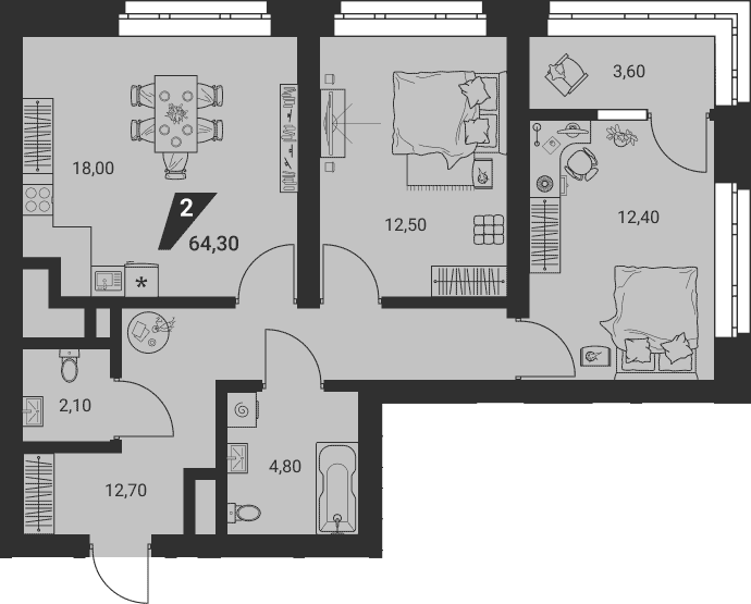 Планировка 3Е-к.кв, 64,3 м² в ЖК Квартал К3
