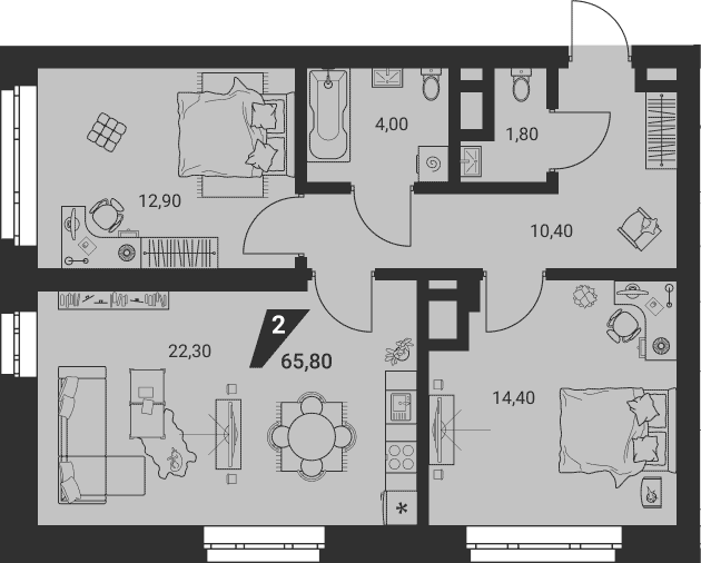 Планировка 3Е-к.кв, 65,8 м² в ЖК Квартал К3