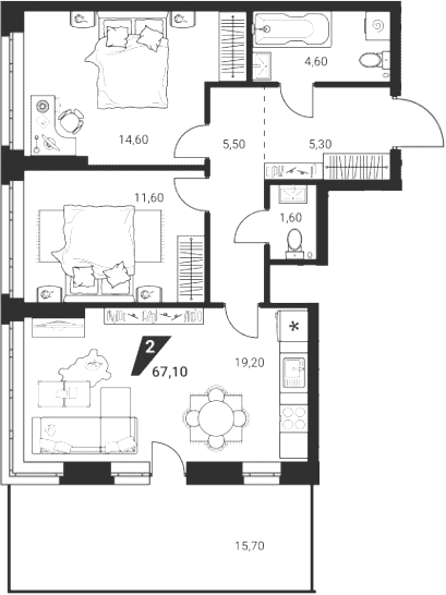 Планировка 3Е-к.кв, 67,1 м² в ЖК Квартал К3