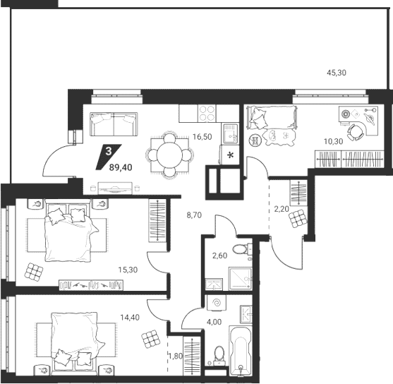 Планировка Планировка 4Е-к.кв 89,4 м² в ЖК Квартал К3 в Екатеринбурге в ЖК Квартал К3