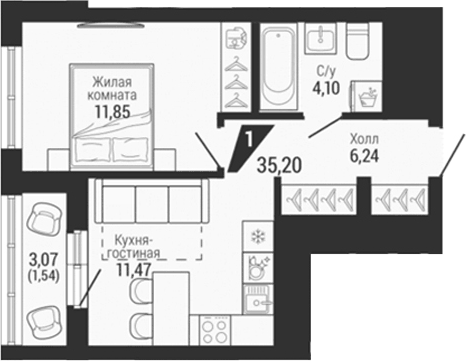 Планировка 2Е-к.кв, 35,2 м² в ЖК Квартал на Шефской