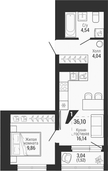 Планировка 2Е-к.кв, 36,1 м² в ЖК Квартал на Шефской