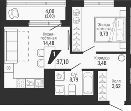Планировка 2Е-к.кв, 37,1 м² в ЖК Квартал на Шефской