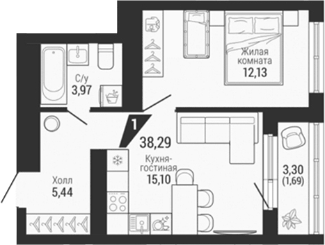 Планировка 2Е-к.кв, 38,29 м² в ЖК Квартал на Шефской