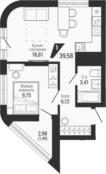 Планировка 2Е-к.кв, 39,58 м² в ЖК Квартал на Шефской