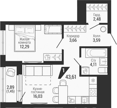 Планировка 2Е-к.кв, 43,61 м² в ЖК Квартал на Шефской