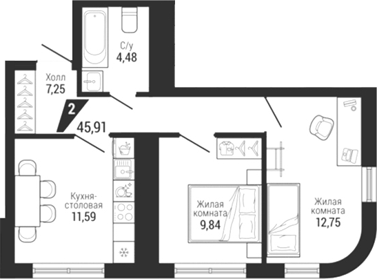 Планировка 2-к.кв, 45,91 м² в ЖК Квартал на Шефской