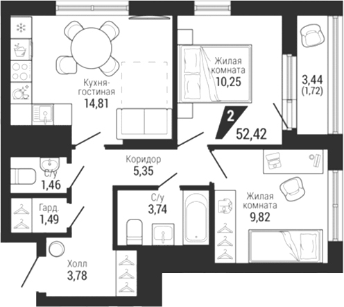 Планировка 3Е-к.кв, 52,42 м² в ЖК Квартал на Шефской