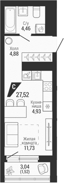 Планировка Студия, 27,52 м² в ЖК Квартал на Шефской