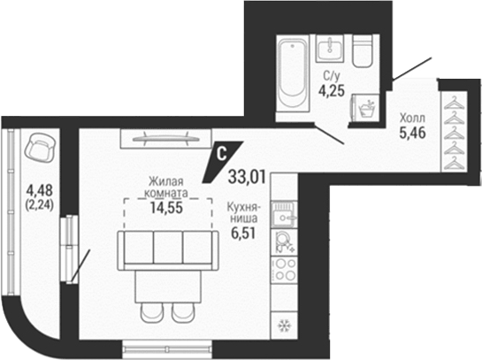 Планировка Студия, 33,01 м² в ЖК Квартал на Шефской