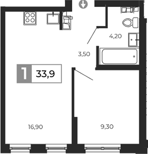 Планировка 1-к.кв, 33,9 м² в ЖК Квартал Сюжеты