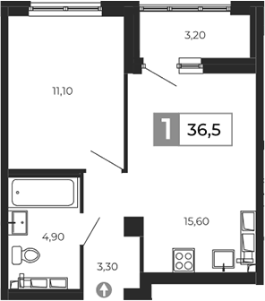 Планировка 1-к.кв, 36,5 м² в ЖК Квартал Сюжеты