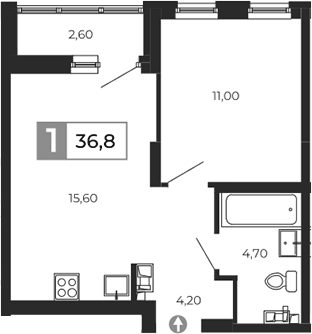 Планировка 1-к.кв, 36,8 м² в ЖК Квартал Сюжеты