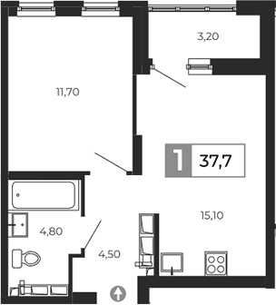 Планировка 1-к.кв, 37,7 м² в ЖК Квартал Сюжеты