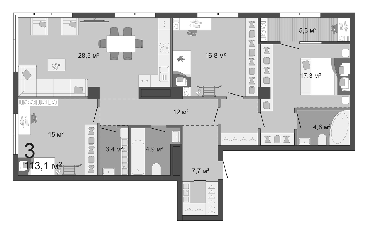 Планировка 3 спальни, 113,1 м² в ЖК Ленина 8