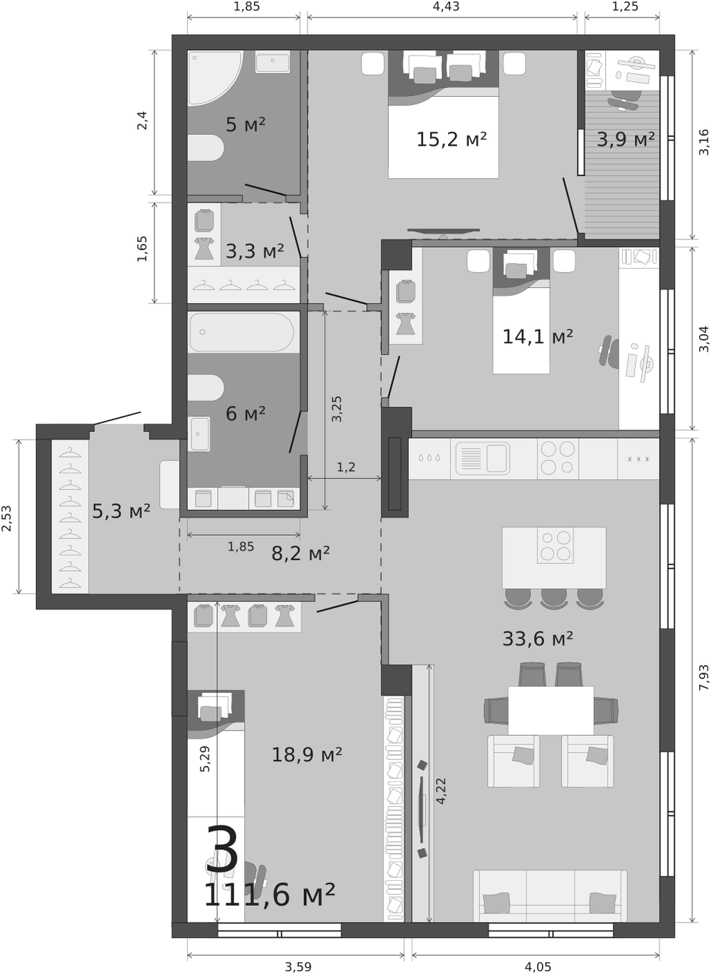 Планировка 3 спальни, 111,6 м² в ЖК Ленина 8