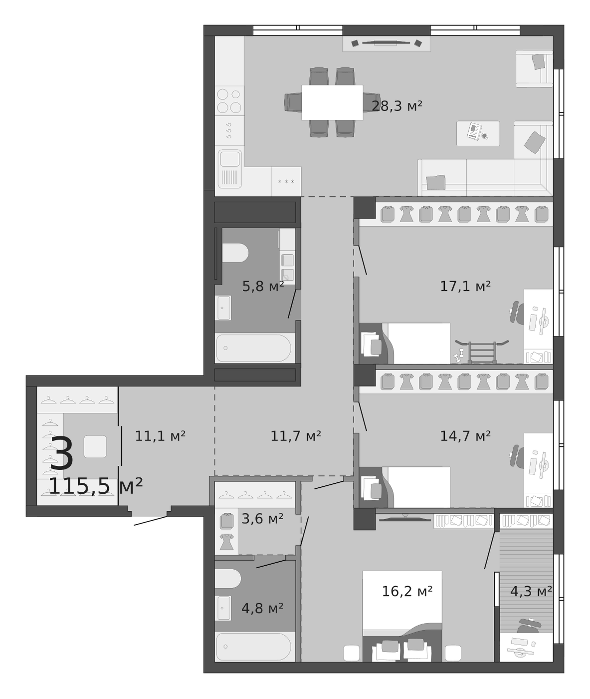 Планировка 3 спальни, 115,5 м² в ЖК Ленина 8