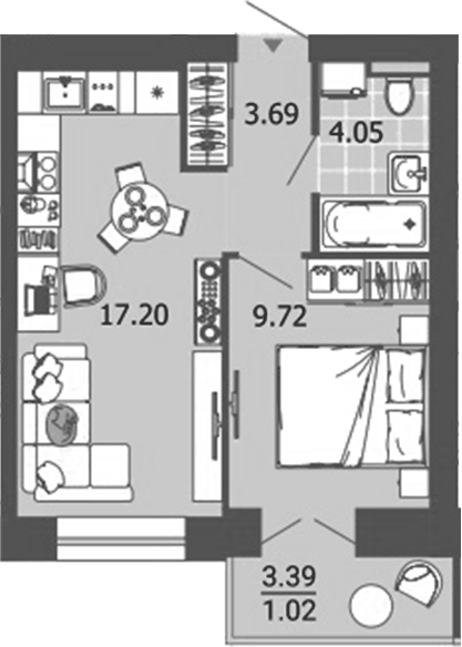 Планировка 2Е-к.кв, 35,68 м² в ЖК Лес