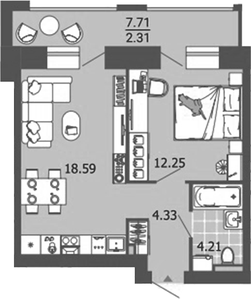 Планировка 2Е-к.кв, 41,69 м² в ЖК Лес