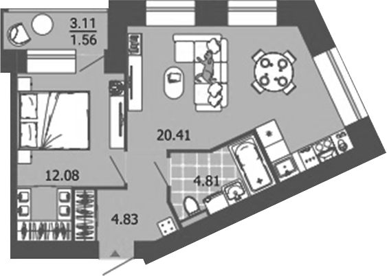 Планировка 2Е-к.кв, 43,69 м² в ЖК Лес