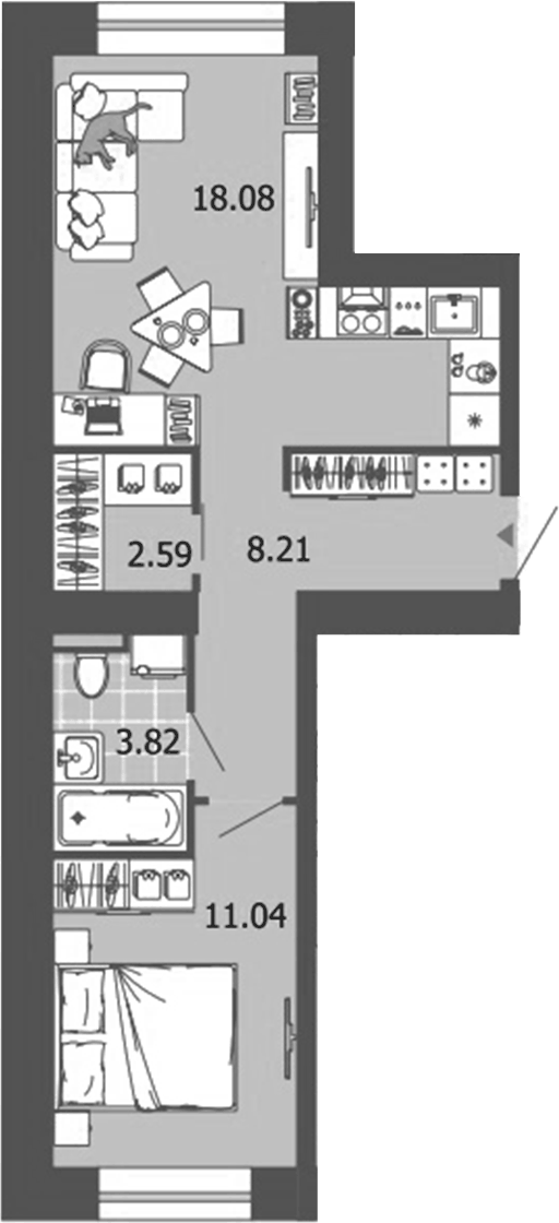 Планировка 2Е-к.кв, 44 м² в ЖК Лес