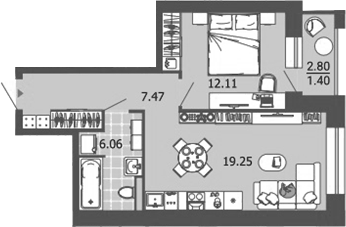 Планировка 2Е-к.кв, 46,29 м² в ЖК Лес