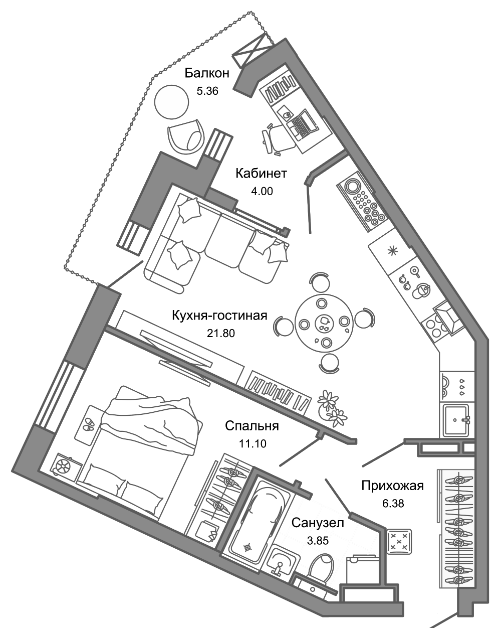 Планировка 2Е-к.кв, 49 м² в ЖК Лес