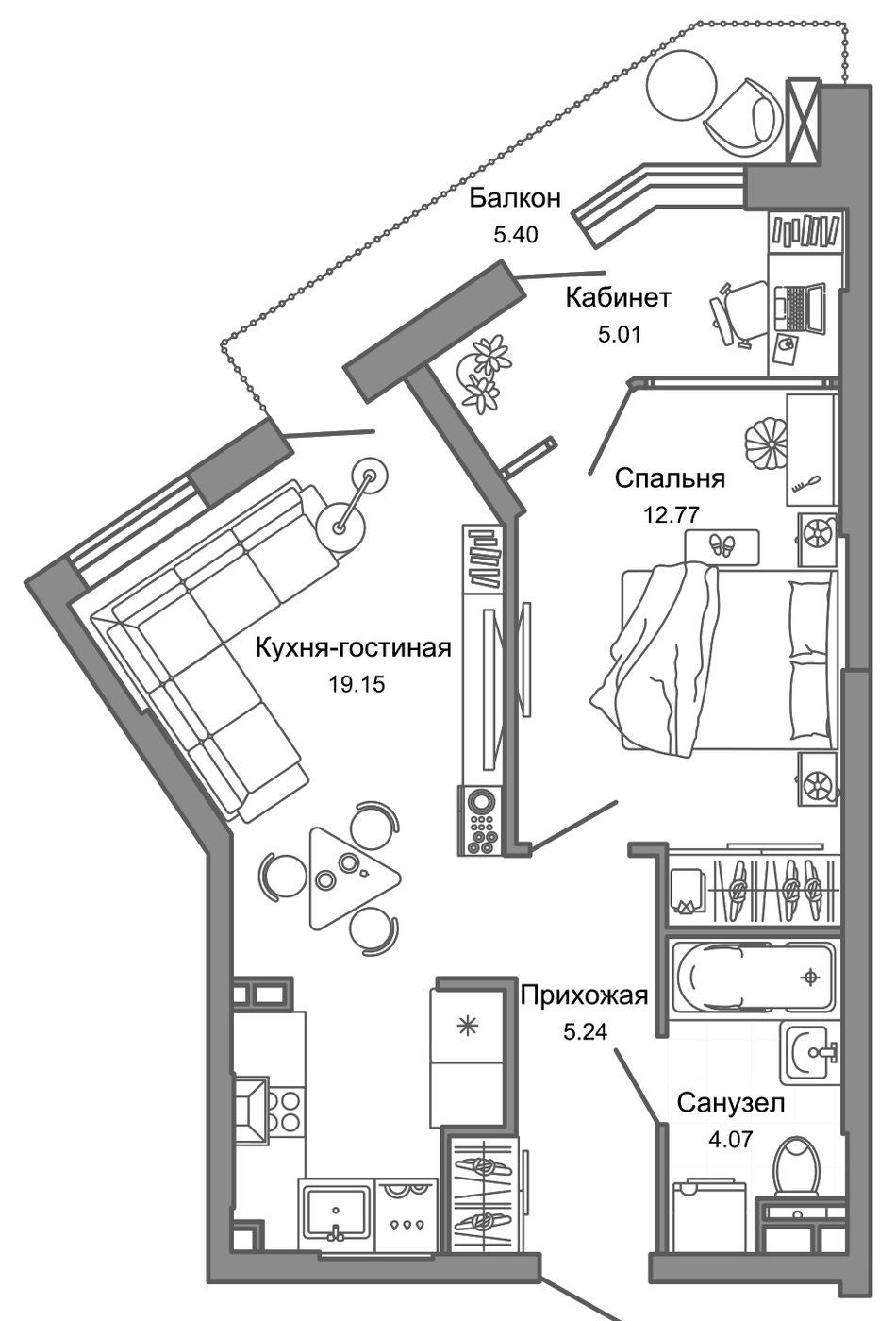 Планировка 2Е-к.кв, 49 м² в ЖК Лес