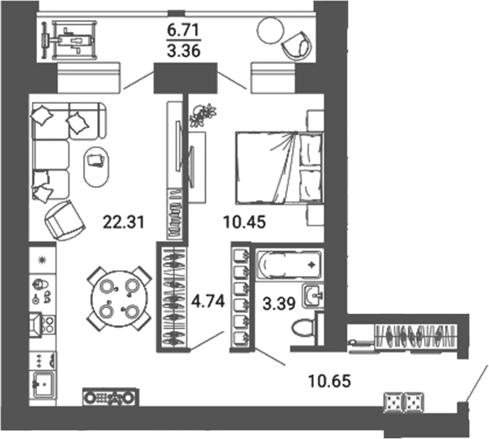 Планировка 2Е-к.кв, 54,9 м² в ЖК Лес