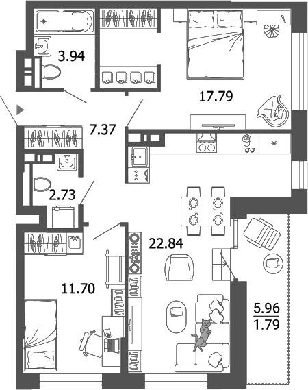 Планировка 3Е-к.кв, 68,16 м² в ЖК Лес