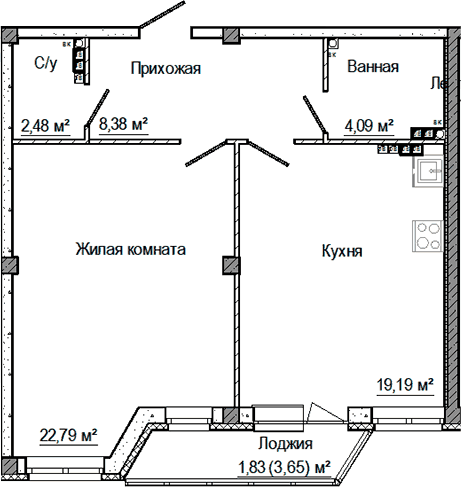 Планировка 2Е-к.кв, 58,76 м² в ЖК Лесная сказка