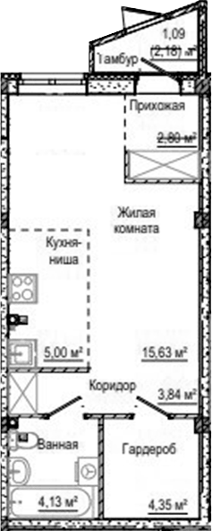 Планировка Студия, 36,84 м² в ЖК Лесная сказка
