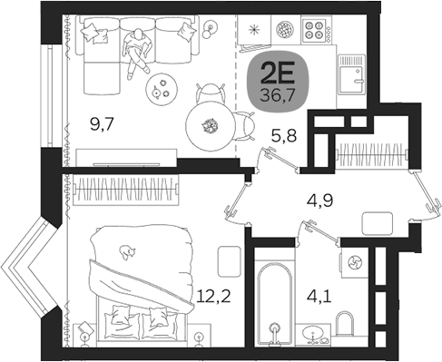 Планировка 2Е-к, 36,7 м² в ЖК Лето на Титова