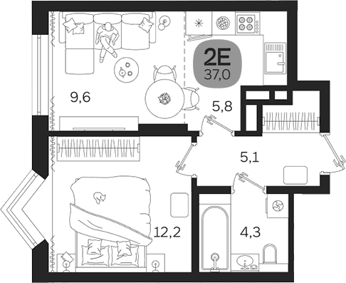 Планировка 2Е-к.кв, 37 м² в ЖК Лето на Титова