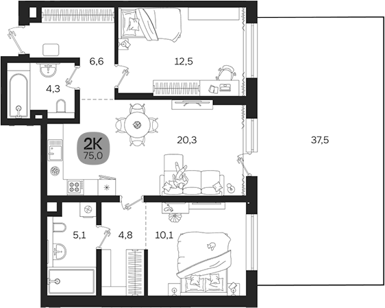 Планировка 2-к, 75 м² в ЖК Лето на Титова