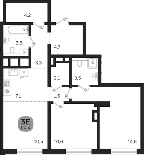 Планировка евротрёшки (3Е) 65,9 м² в ЖК Лето на Титова, Екатеринбург: спальня 14,6 м² со своим санузлом 3,5 м², второй санузел с ванной