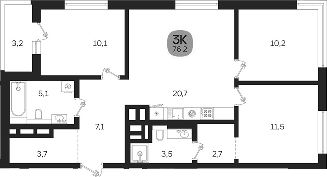 Планировка 3-к, 76,2 м² в ЖК Лето на Титова