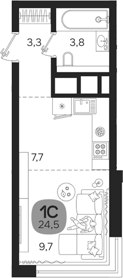 Планировка Студия, 24,5 м² в ЖК Лето на Титова