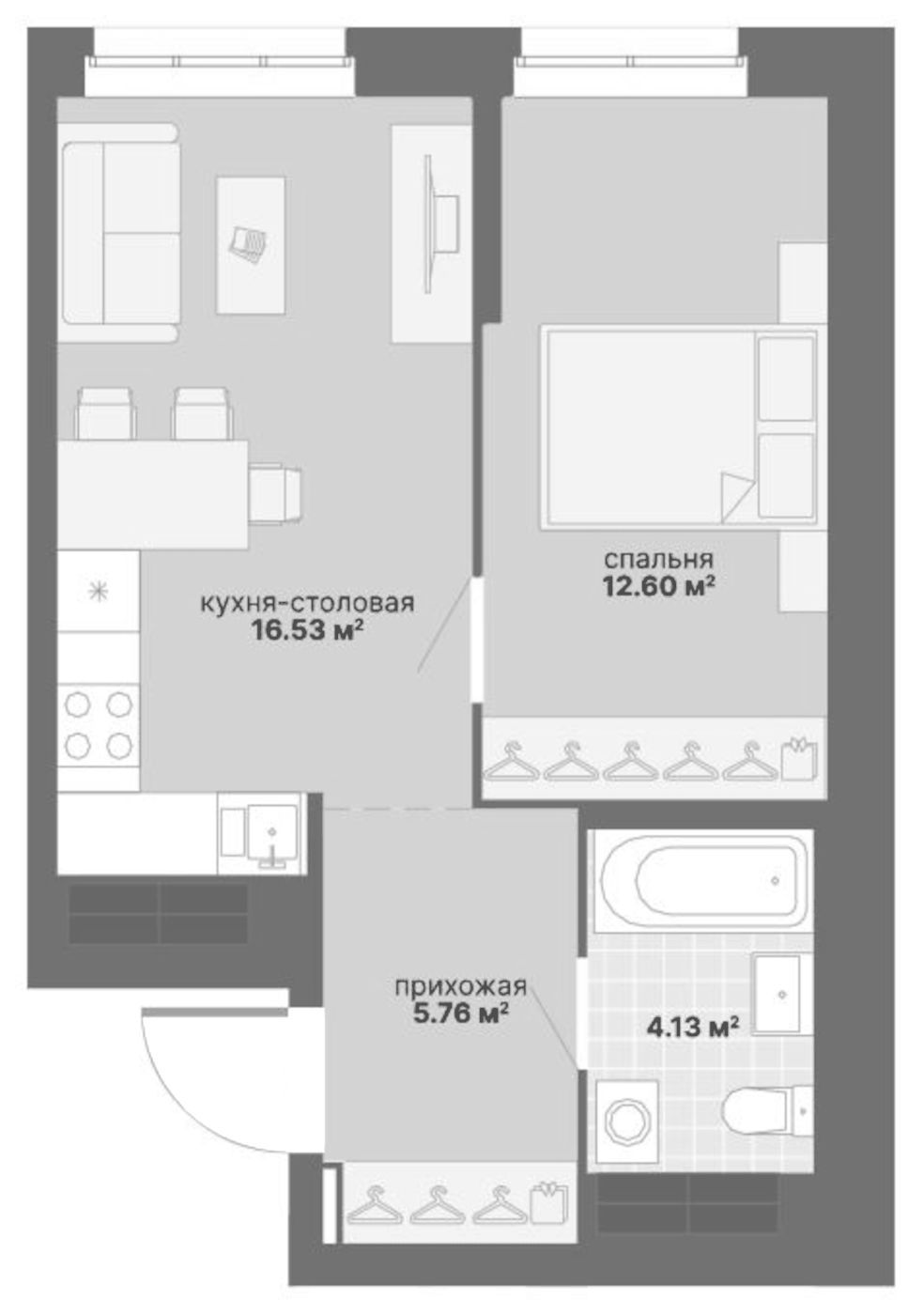 Планировка 1-к.кв, 39,02 м² в ЖК Лайв. Жилой квартал