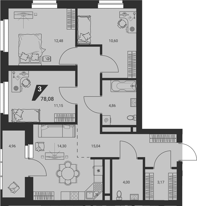 Планировка 4Е-к.кв, 78,08 м² в ЖК М1