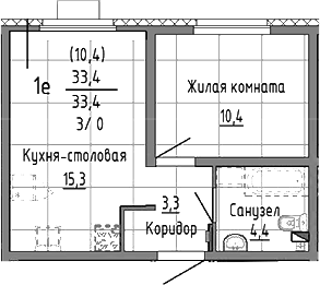 Планировка 2Е-к.кв, 33,4 м² в ЖК Малахит
