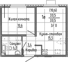 Планировка 2Е-к.кв, 33,5 м² в ЖК Малахит