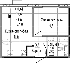 Планировка 2Е-к.кв, 33,6 м² в ЖК Малахит