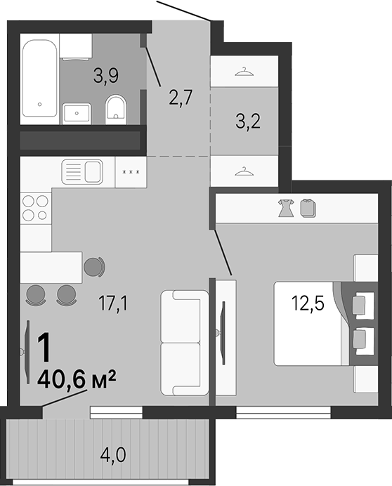 Планировка 1-к.кв, 40,6 м² в ЖК Малевич