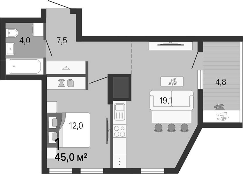 Планировка однокомнатной квартиры 45 м² в ЖК Малевич, Екатеринбург: кухня-гостиная 19,1 м², лоджия 4,8 м² с рабочим местом