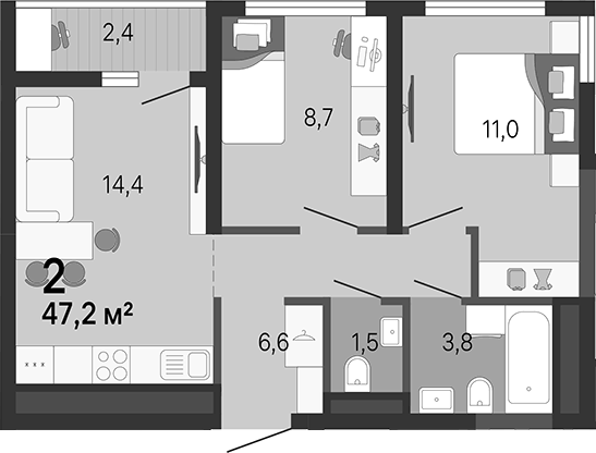 Планировка 2-к, 47,2 м² в ЖК Малевич